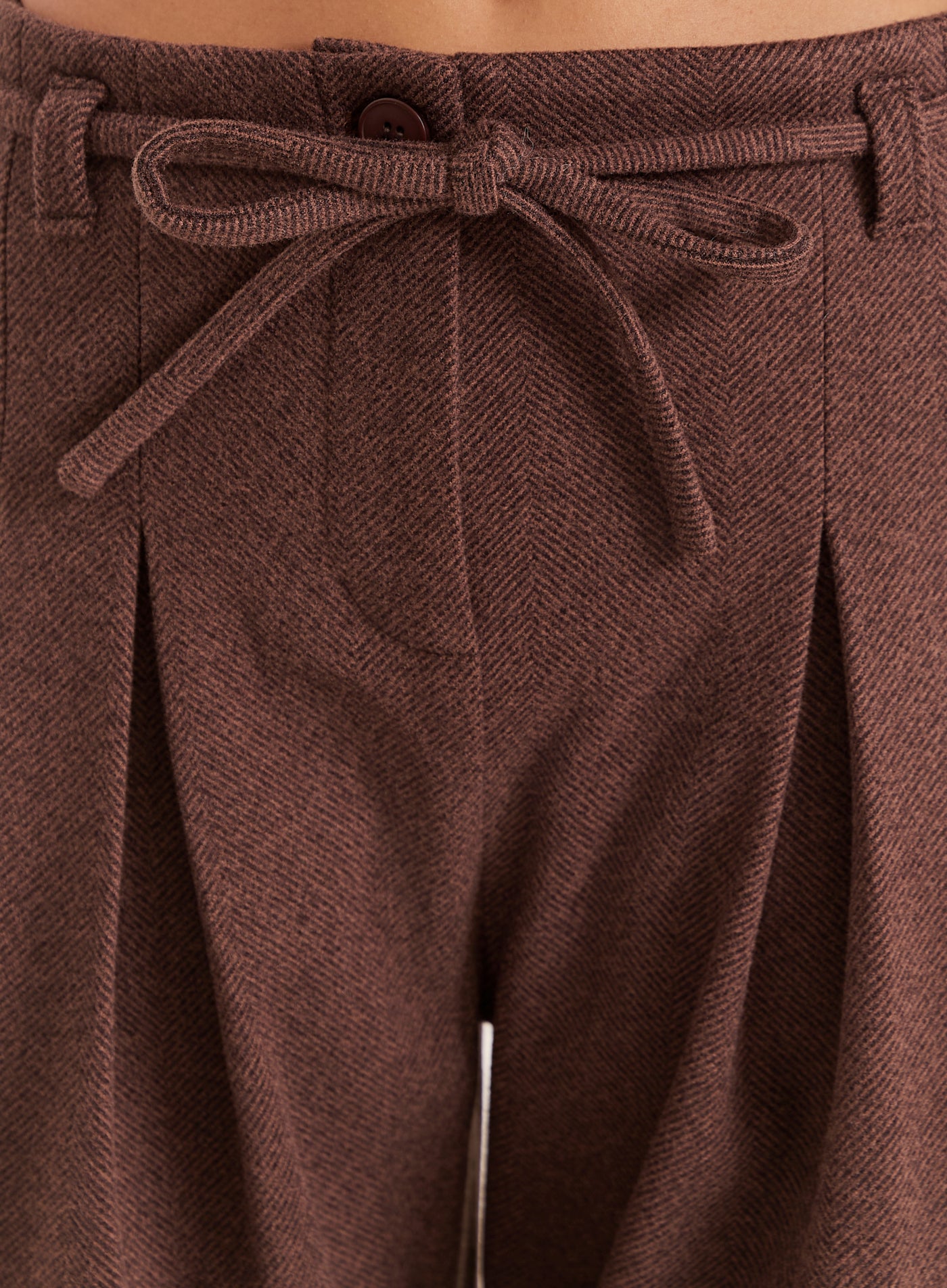 Chocolate Herringbone Tie Belt Wide Leg Trousers